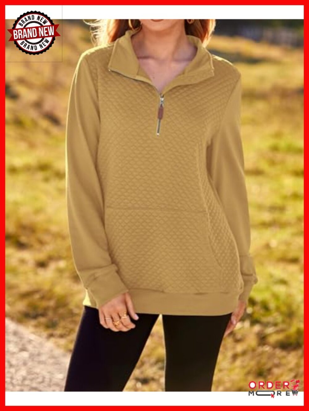 Women's Quarter Zip Quilted Sweatshirt Long Sleeve Pullover Kangaroo Pocket - Picture 5 of 6